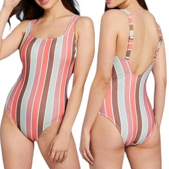 Kona Sol Scoop Neck Mint Mauve Vertical Striped Builtin Bra One Piece Swimsuit L - Picture 1 of 10